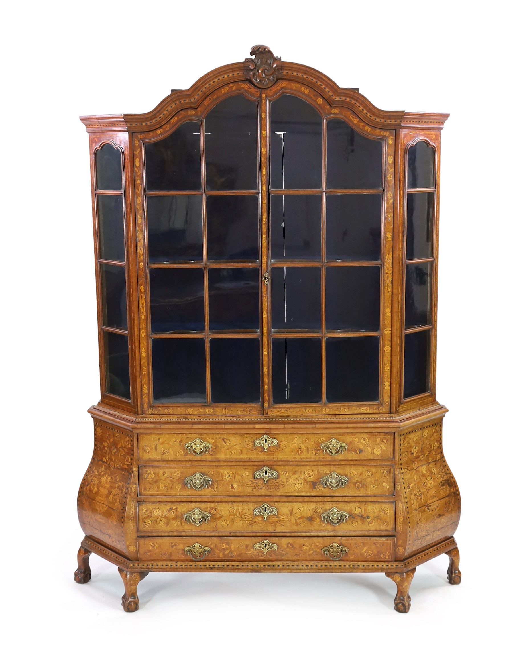 A 19th-century Dutch marquetry and walnut display cabinet Width 178cm. Height 240cm. Depth 36cm.